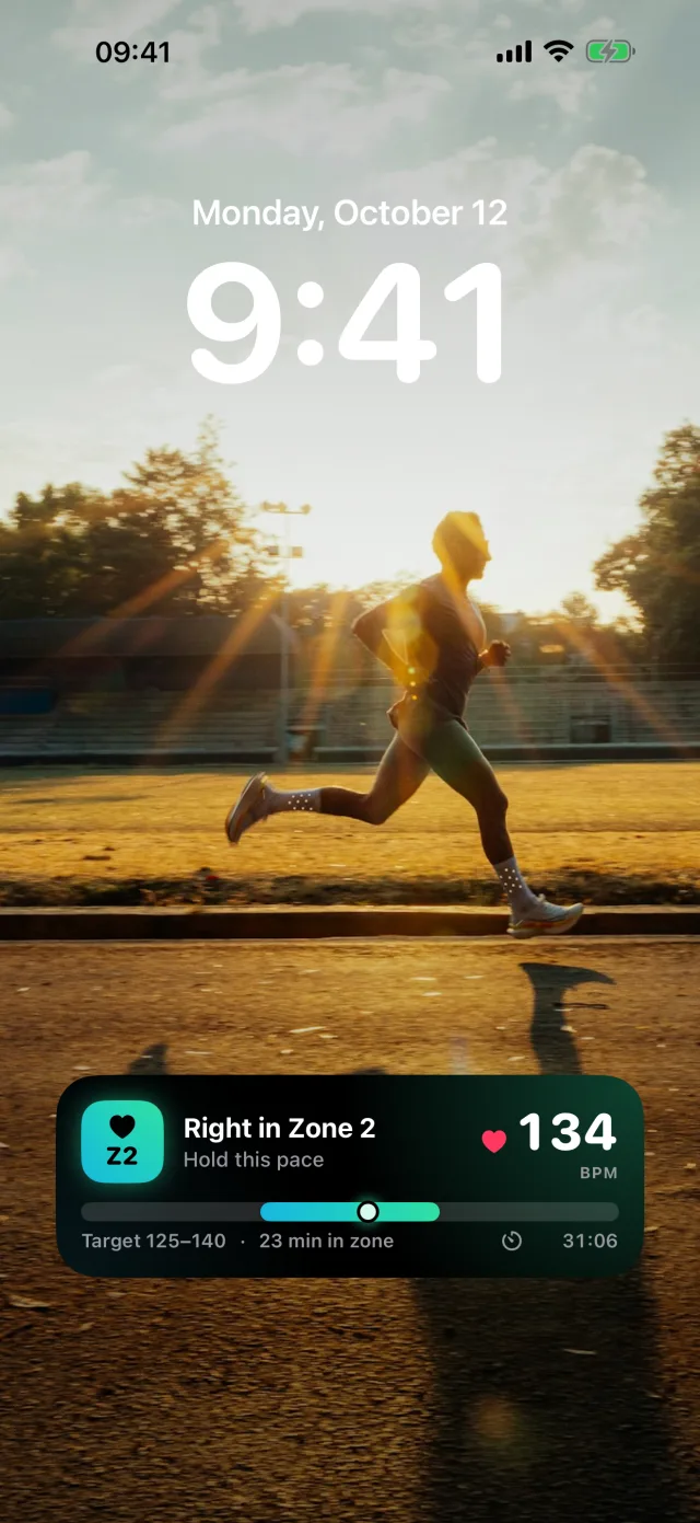 Lock Screen with the Zone 2 Base Live Activity: Right in Zone 2, 134 bpm, target 125 to 140