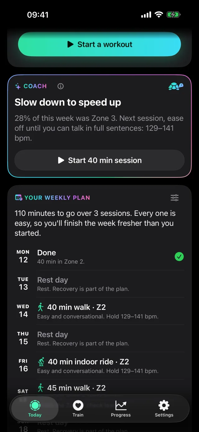 Today screen: the coach card says slow down to speed up, then your weekly plan day by day