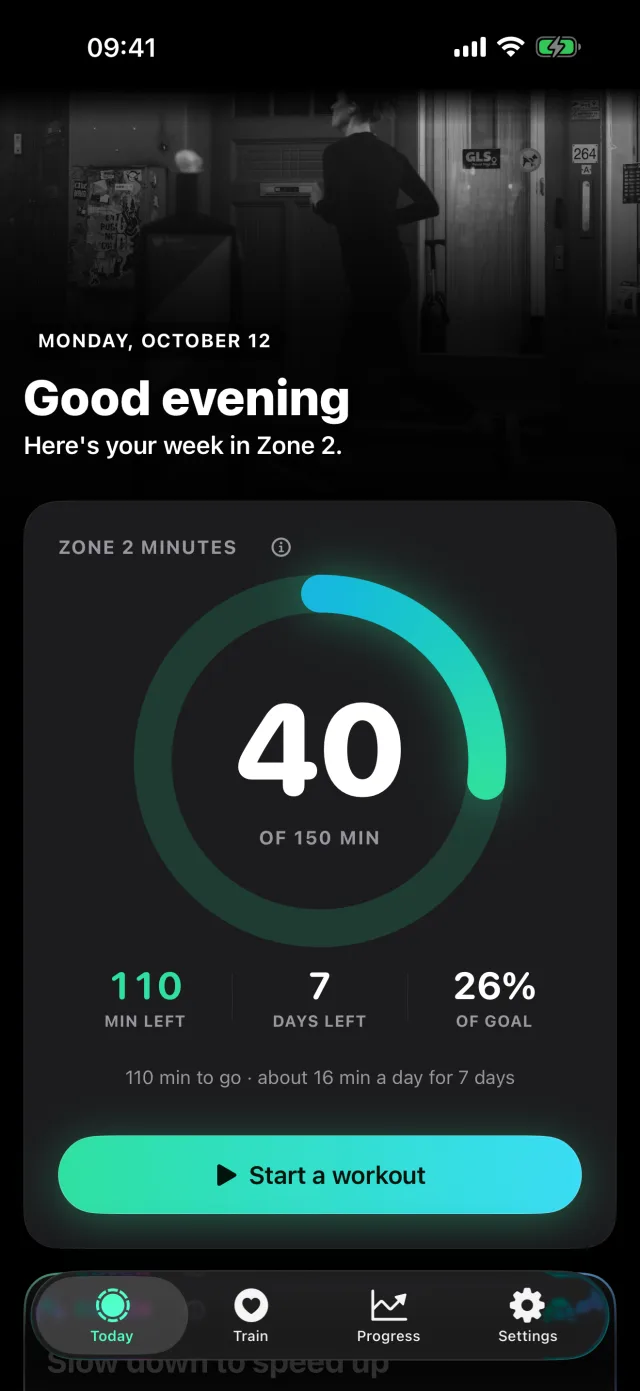 Today screen with weekly ring at 40 of 150 minutes