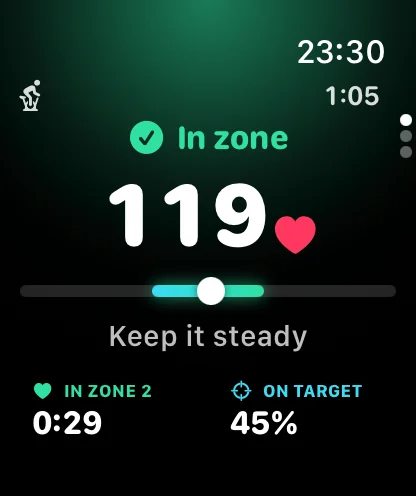 Watch live screen: In zone, 119 bpm, target band, 45% on target